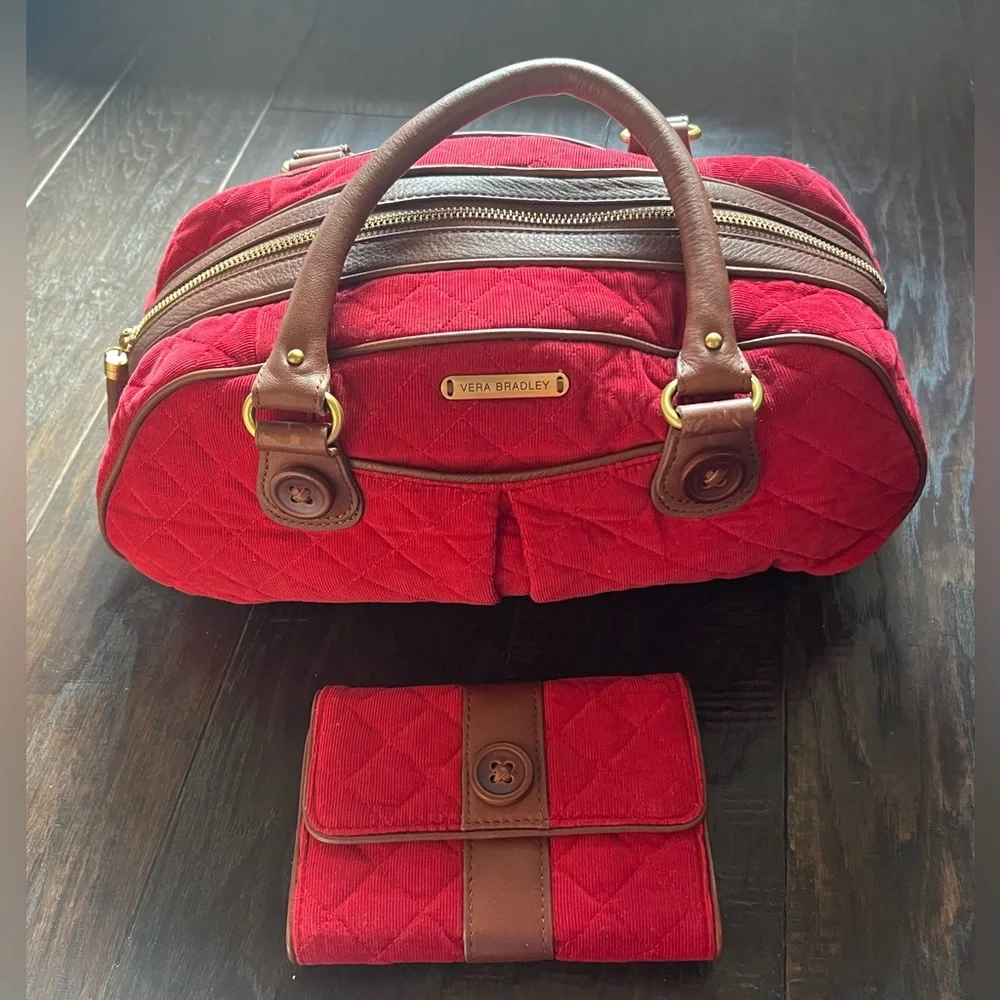 VTG Vera Bradley Red Quilted Corduroy Satchel & Matching Wallet Equestrian/Prep
